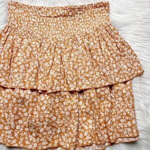 Ultra Flirt Tiered Floral Smocked Mini Skirt Orange and White Large
